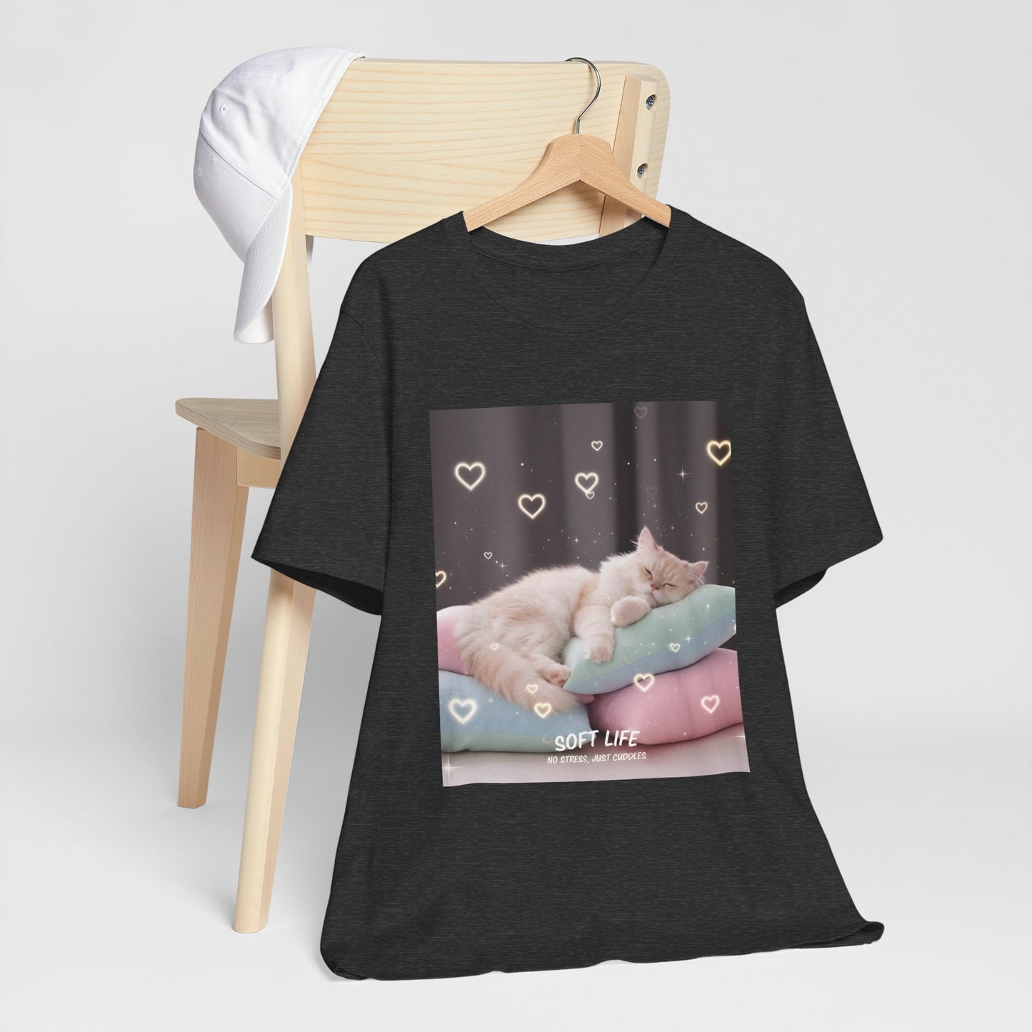 Soft Life Cat Pillow Tee — Fluffy Cat on Pillows Graphic T-Shirt