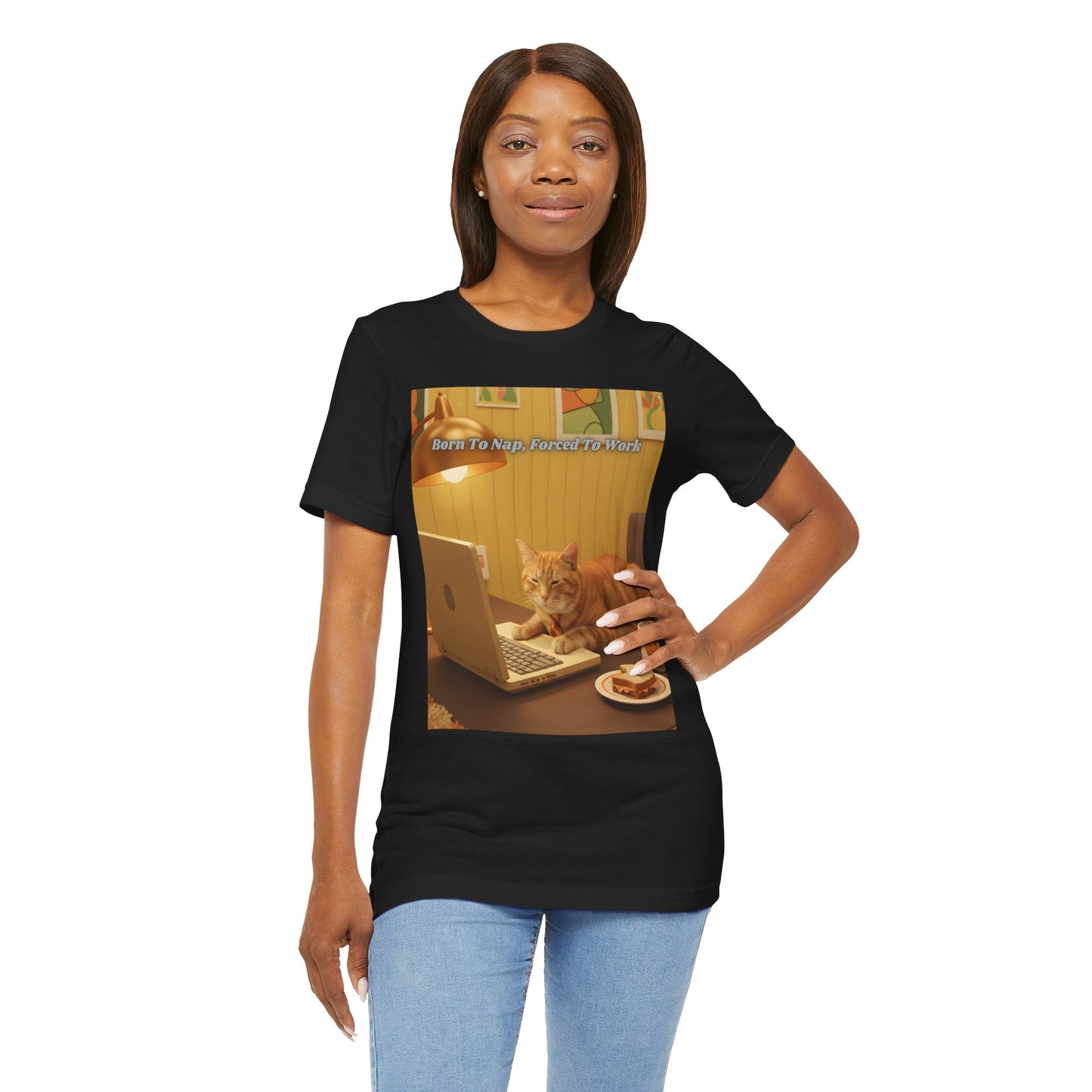 Cat Laptop Tee — "Born To Nap, Forced To Work" Graphic T‑Shirt