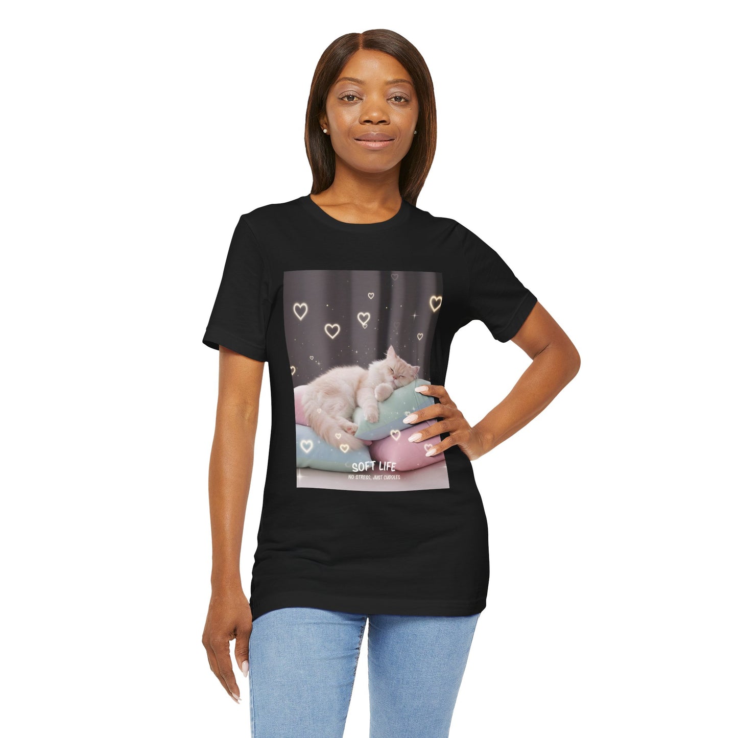 Soft Life Cat Pillow Tee — Fluffy Cat on Pillows Graphic T-Shirt