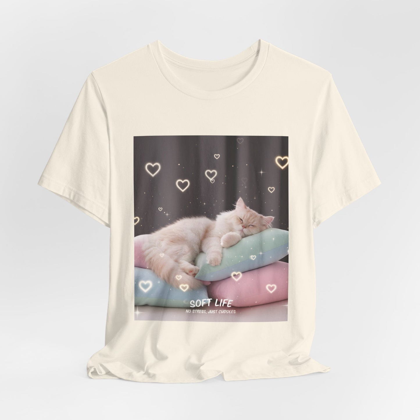 Soft Life Cat Pillow Tee — Fluffy Cat on Pillows Graphic T-Shirt
