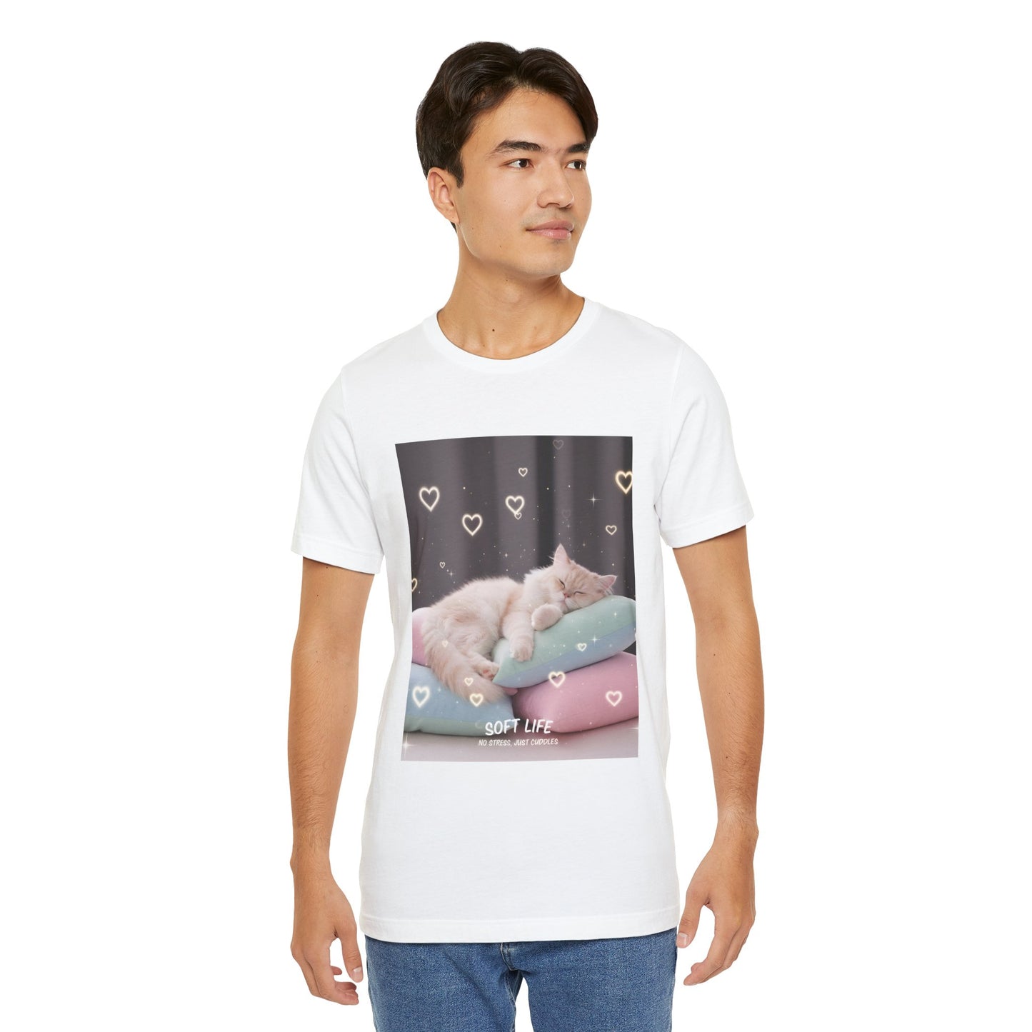 Soft Life Cat Pillow Tee — Fluffy Cat on Pillows Graphic T-Shirt