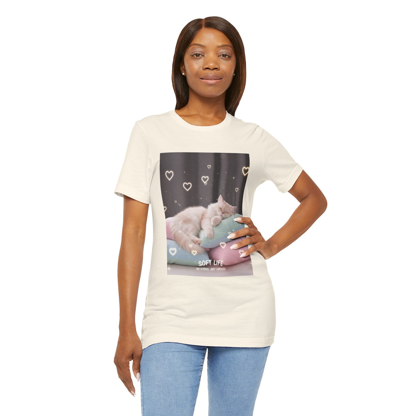 Soft Life Cat Pillow Tee — Fluffy Cat on Pillows Graphic T-Shirt