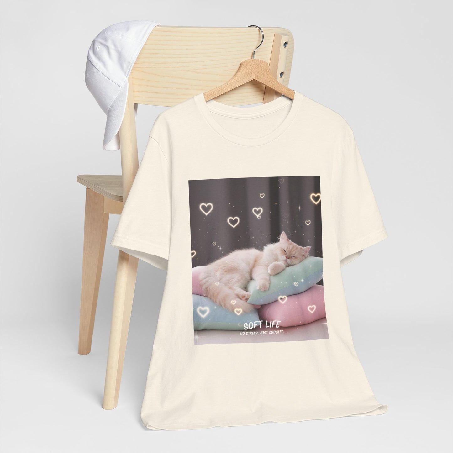 Soft Life Cat Pillow Tee — Fluffy Cat on Pillows Graphic T-Shirt