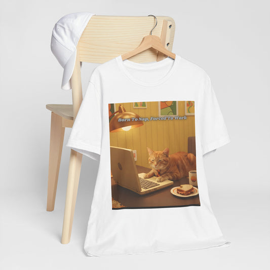 Cat Laptop Tee — "Born To Nap, Forced To Work" Graphic T‑Shirt