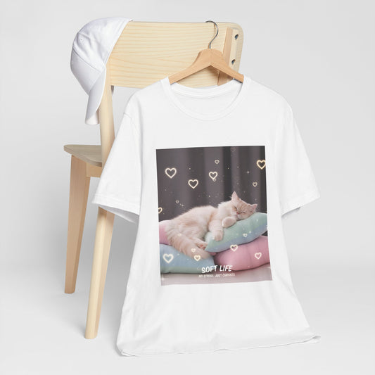 Soft Life Cat Pillow Tee — Fluffy Cat on Pillows Graphic T-Shirt