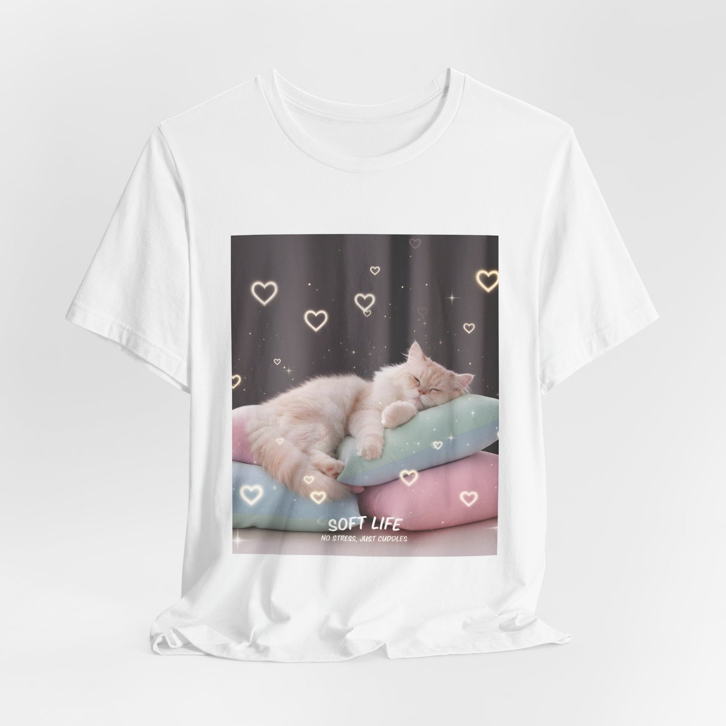 Soft Life Cat Pillow Tee — Fluffy Cat on Pillows Graphic T-Shirt