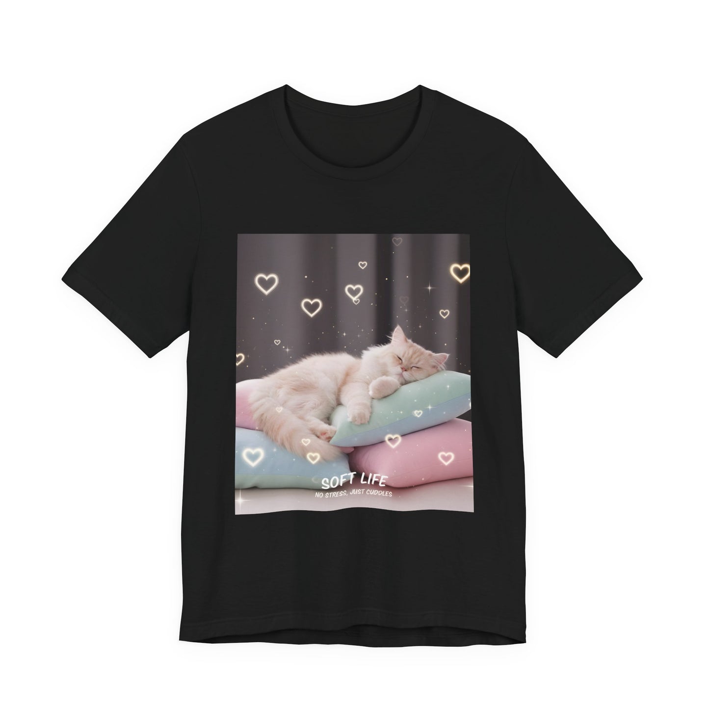 Soft Life Cat Pillow Tee — Fluffy Cat on Pillows Graphic T-Shirt