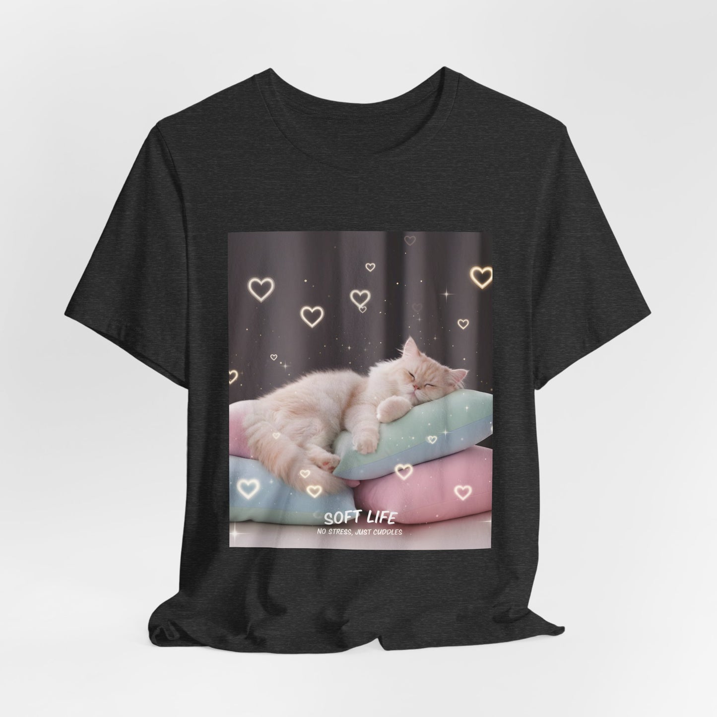 Soft Life Cat Pillow Tee — Fluffy Cat on Pillows Graphic T-Shirt