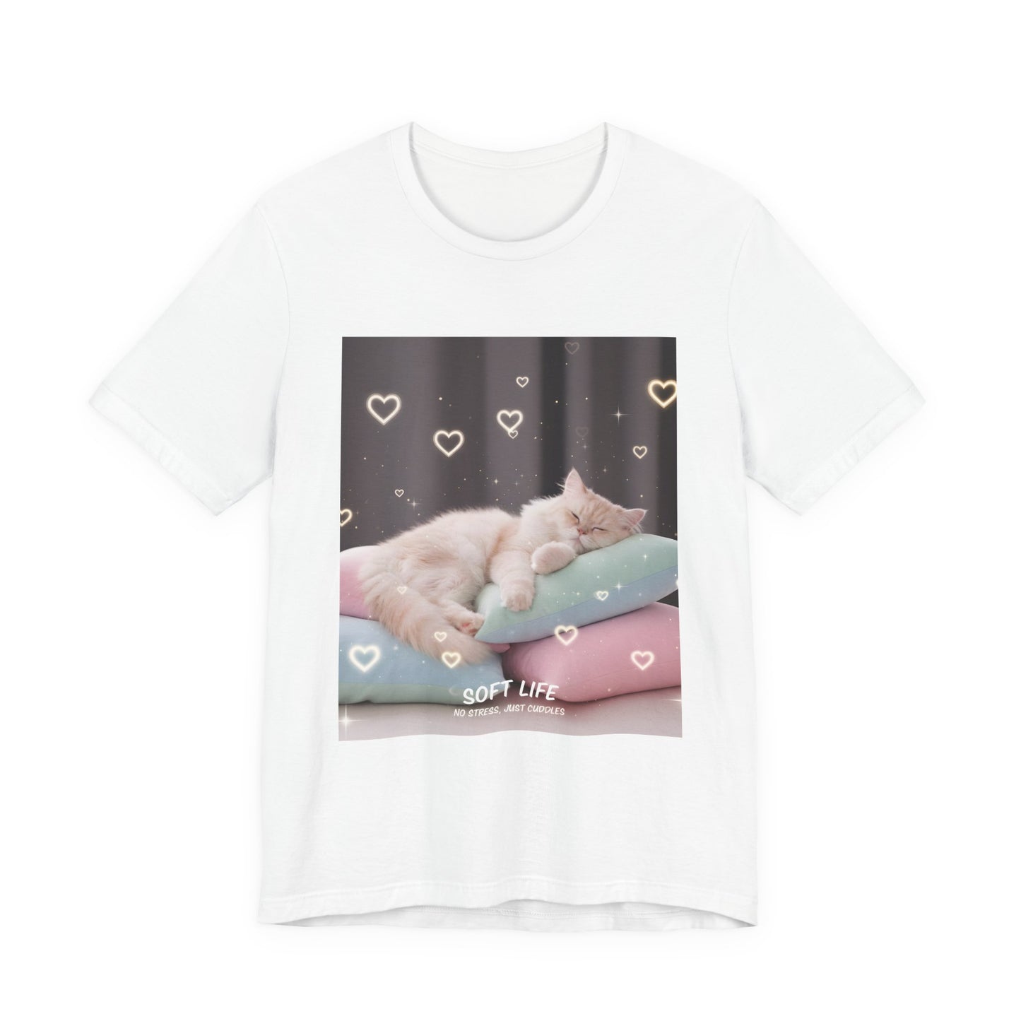 Soft Life Cat Pillow Tee — Fluffy Cat on Pillows Graphic T-Shirt