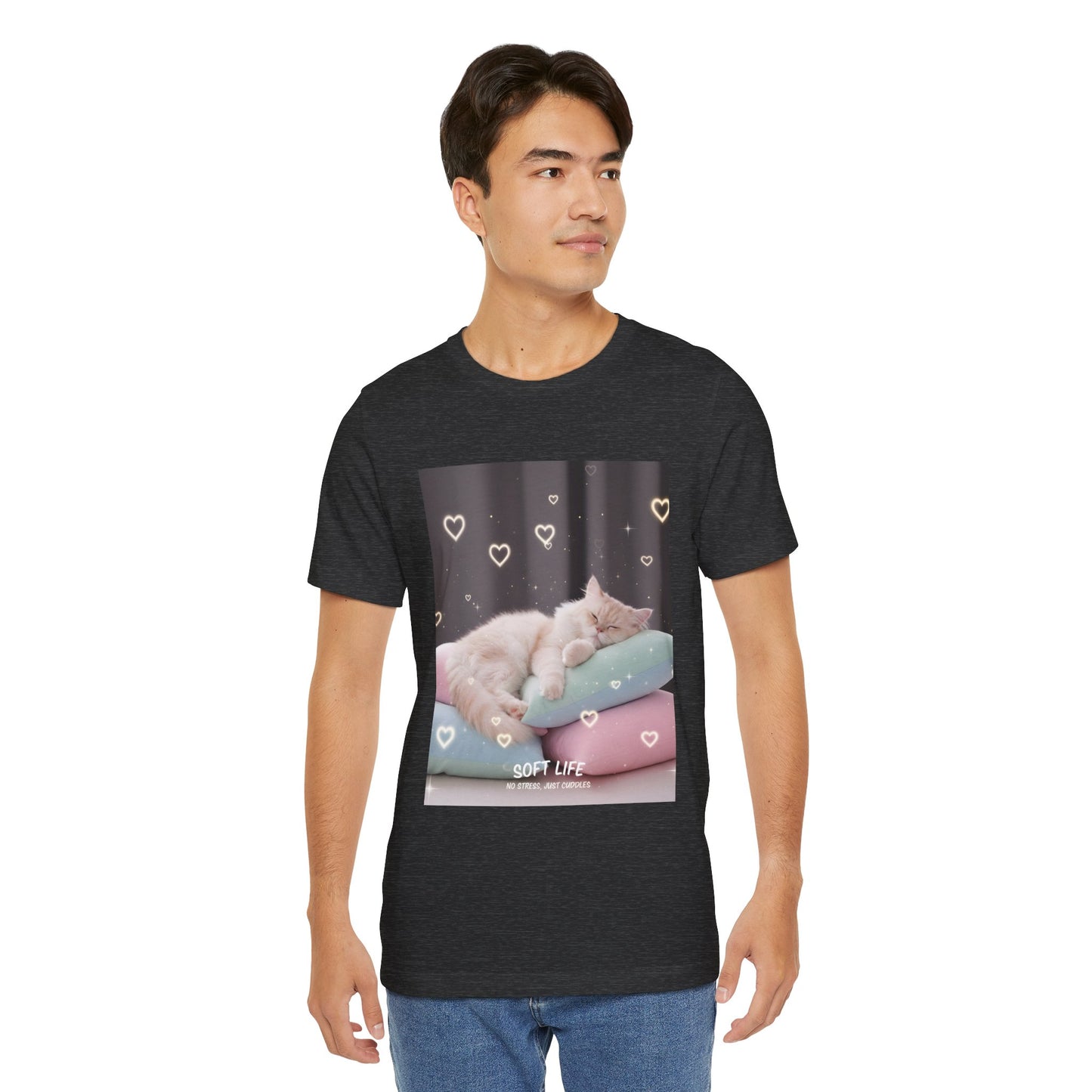 Soft Life Cat Pillow Tee — Fluffy Cat on Pillows Graphic T-Shirt