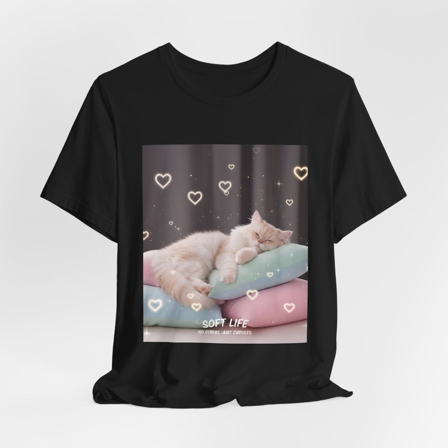 Soft Life Cat Pillow Tee — Fluffy Cat on Pillows Graphic T-Shirt